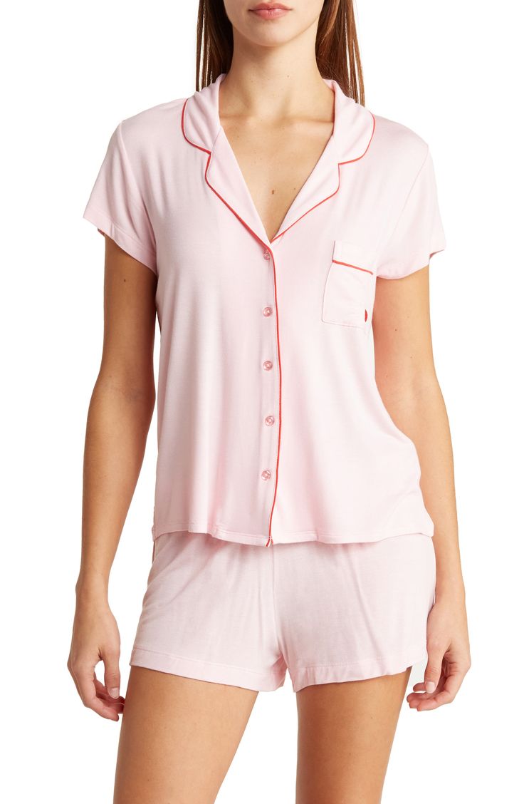 Get that chic put-together feel even in your jammies with this lightweight printed set. Top: 25" length (size S); Bottom: 10.5" rise, 3" inseam Top has notch lapel, short sleeves, and front patch pocket Bottom has elasticized waist and allover print 95% rayon, 5% spandex Machine wash Imported Model stats: 5'10", Bust: 32", Waist: 25", Hip: 36". Model is wearing size S. Relaxed Fit Short Sleeve Sleepwear For Loungewear, Comfortable Relaxed Fit Short Sleeve Sets, Relaxed Fit Short Sleeve Sleepwear For Sleepover, Relaxed Fit Short Sleeve Sets, Comfortable Short Sleeve Pink Sets, Comfortable Pink Short Sleeve Sets, Relaxed Fit Short Sleeve Pajama Party Sets, Comfortable Short Sleeve Tops For Sleepover, Relaxed Fit Short Sleeve Sets For Pajama Party