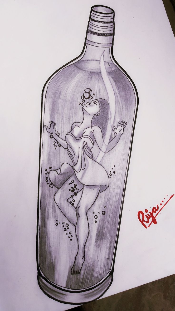 a drawing of a woman playing the guitar in a bottle