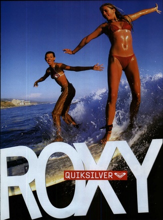 an advertisement for roxy featuring two women surfing