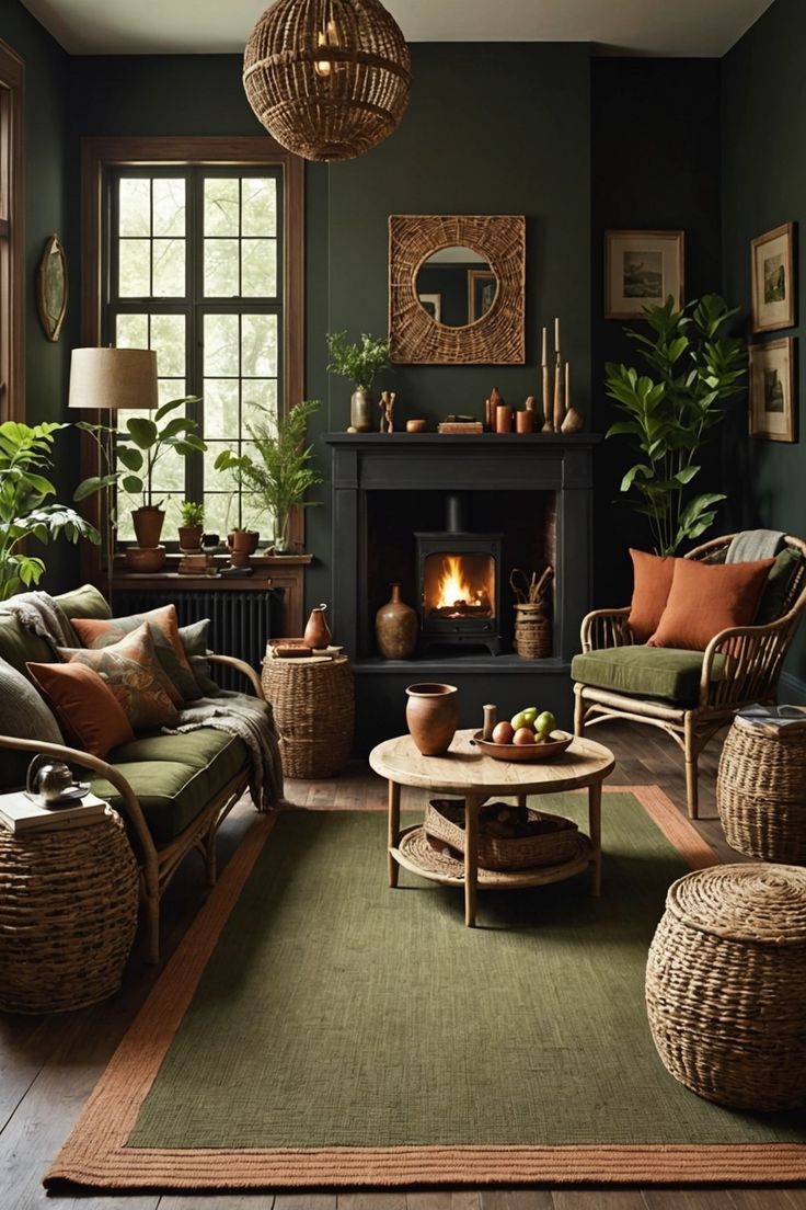 a living room filled with furniture and a fire place in the middle of the room