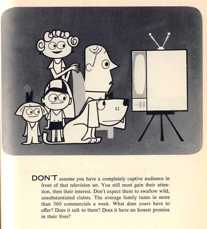 an old advertisement from the 1950's shows people watching television and talking to each other