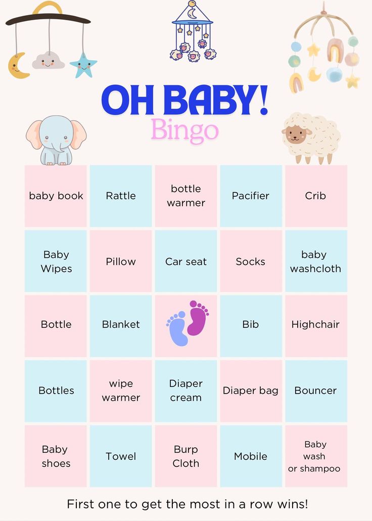 a baby shower game with the words oh baby on it and other items in pink, blue