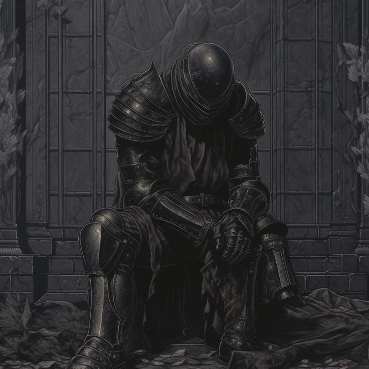 a black and white drawing of a man in armor sitting on a throne with his legs crossed