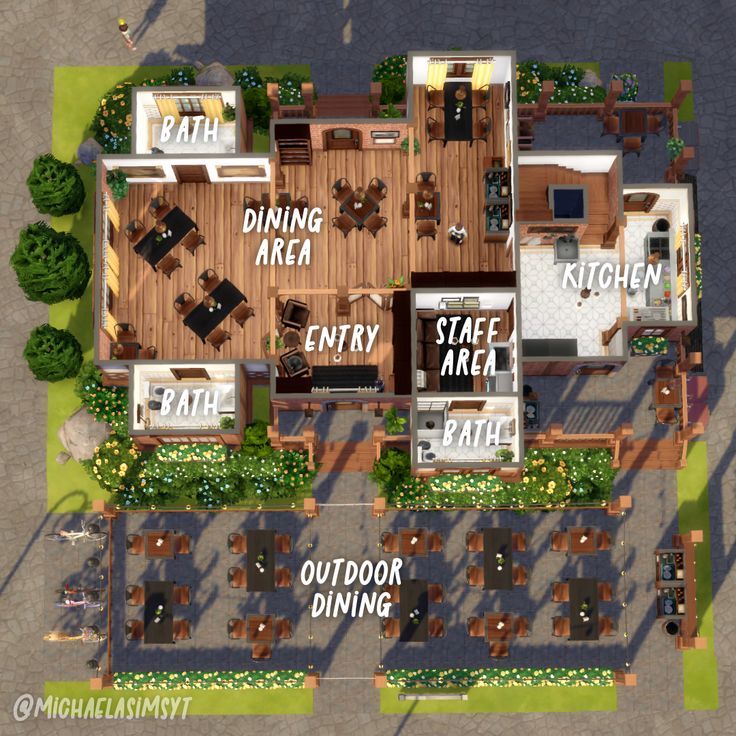 an overhead view of a floor plan for a house with several dining areas, kitchen and living rooms