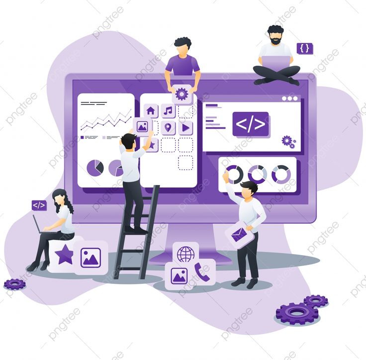 people are working on a big screen with icons and symbols in the background, while another person is sitting on a ladder