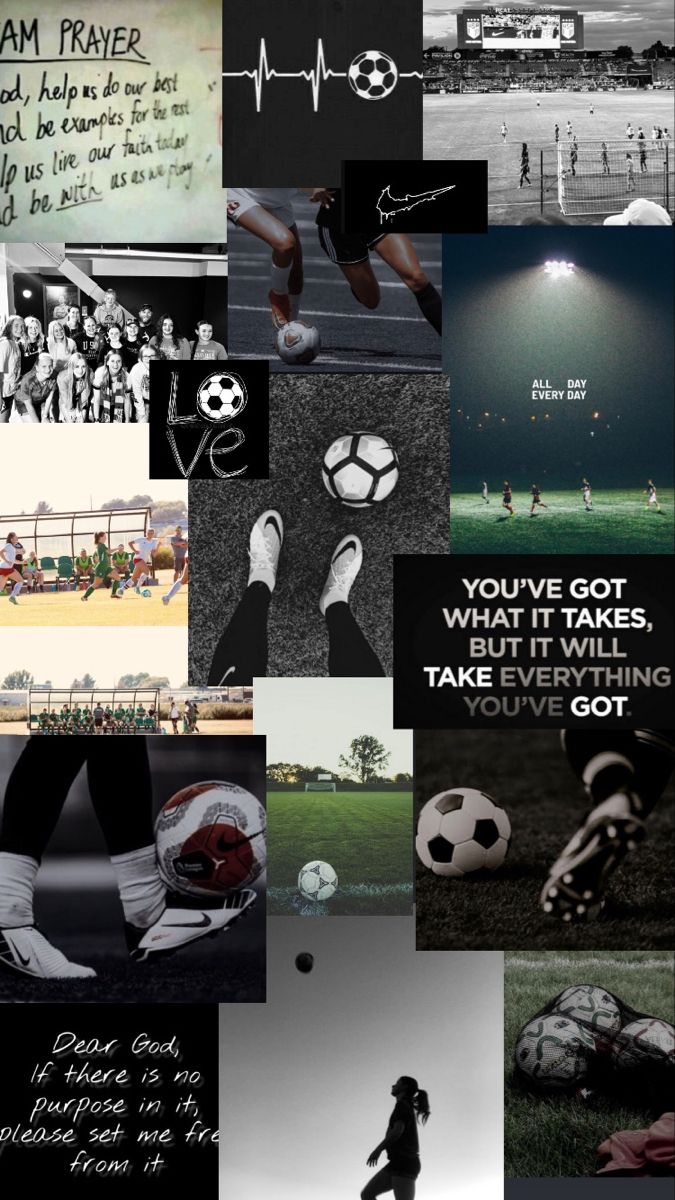 soccer collage with words and pictures in black and white