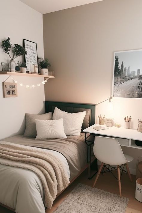 a bedroom with a bed, desk and pictures on the wall