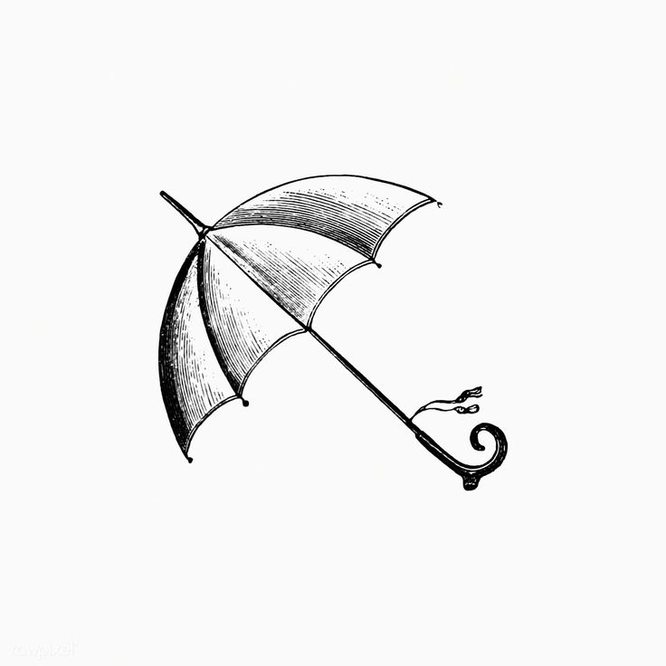 an umbrella drawn in black and white with the handle extended to it's side