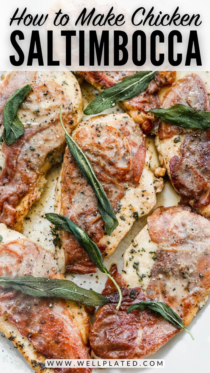 how to make chicken saltimbocca on a white plate with herbs and spices