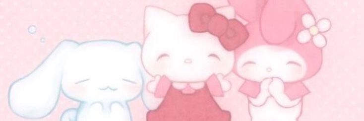 two hello kitty dolls standing next to each other in front of a pink wallpaper