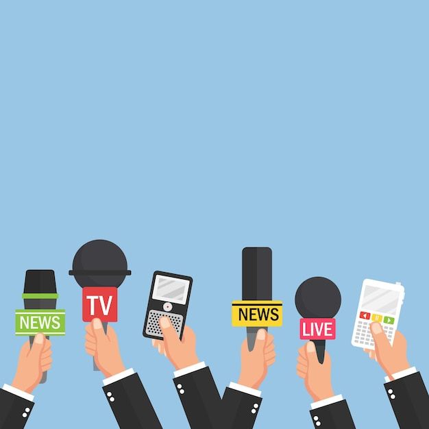 several hands holding different types of media and microphones