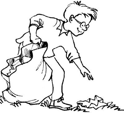 a black and white drawing of a boy picking up trash from the ground with his hand