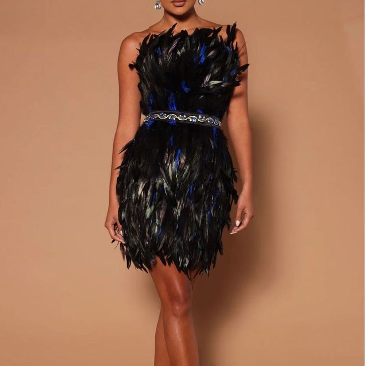 Black Feathered Mini Cocktail Dress. This Dress Has A Strapless Neckline And A Cocktail Silhouette. The Fabric Has A Little Bit Of Stretch. It Can Be Worn For Night Out, And Semi Formal Events. Size Xs Never Worn Sleeveless Feather Dress For Night Out, Fitted Black Mini Dress With Feathers, Sleeveless Feathered Mini Dress For Cocktail, Sleeveless Mini Dress With Feathers For Cocktail, Sleeveless Feather Dress For Club, Sleeveless Mini Dress With Feathers For Club, Sleeveless Feathered Cocktail Mini Dress, Sleeveless Feathered Club Dress, Feathered Sleeveless Mini Dress For Cocktail