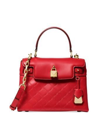 Michael Michael Kors Gramercy Chain Top Handle Satchel Arm Candies, Michael Kors Satchel, Leather Satchel Handbags, Latest Bags, Michael Kors Shoulder Bag, Satchel Handbags, Leather Satchel, Leather Top, Bright Red