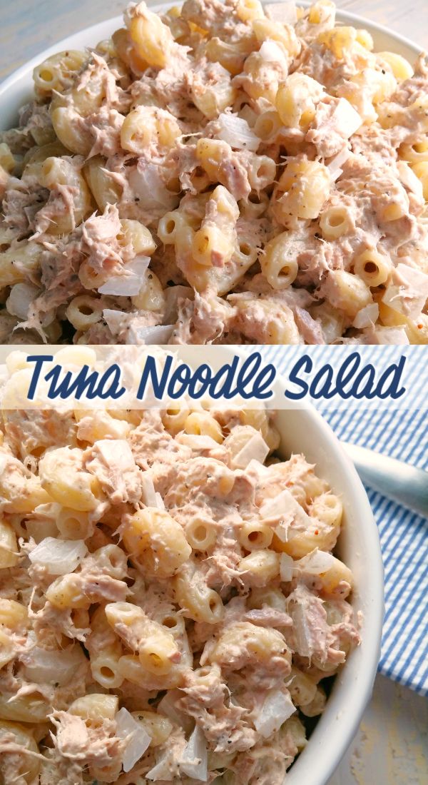 tuna noodle salad in a white bowl on a blue and white checkered cloth