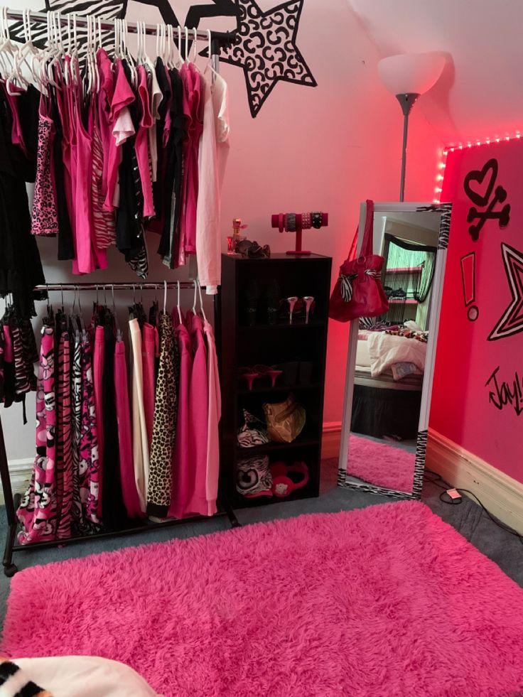 a closet with pink carpet and clothes hanging on the rack, next to a mirror