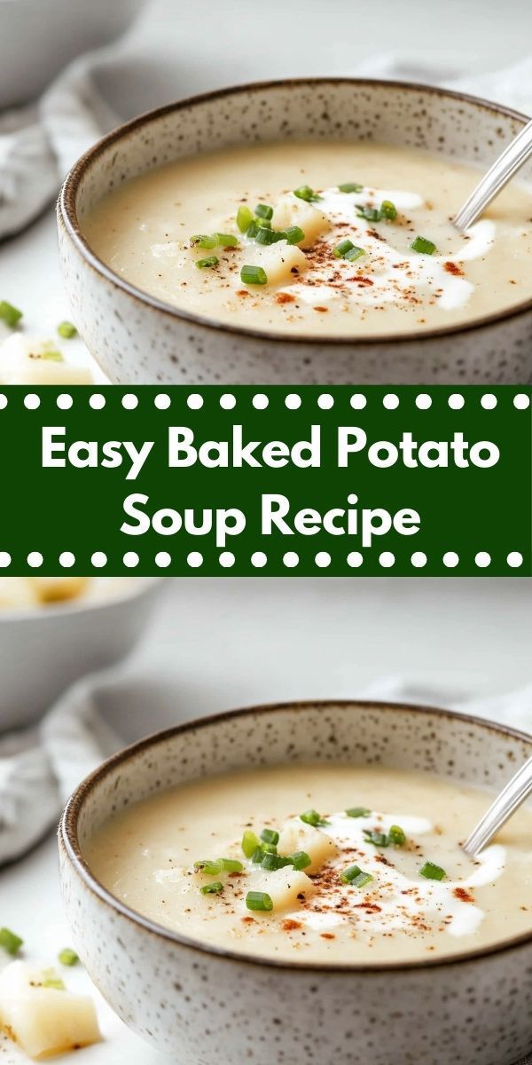 two bowls filled with baked potato soup on top of a white tablecloth and green text that reads easy baked potato soup recipe