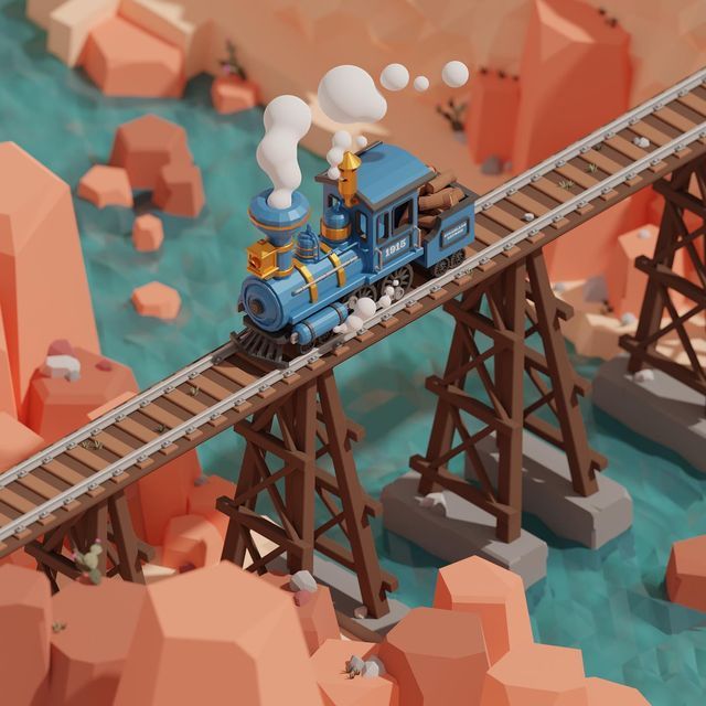 a toy train traveling across a bridge next to rocks and water in the ocean,