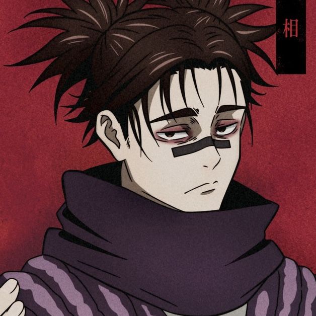 an anime character with black hair and eyeliners, wearing a scarf over his head