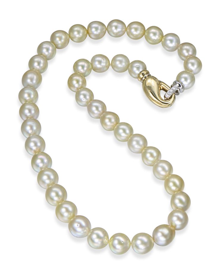 Golden South Sea pearl necklace with 18 karat yellow and white gold diamond (0.08 CTW) clasp. 41 pearls each between 10.0-11.5mm. 19.0″ long. Classic Pearl Diamond Necklace For Formal Occasions, Classic White Diamond Necklace With Pearl Chain, Luxury Yellow Gold Pearl Necklace For Festive Occasions, Formal White Single Strand Diamond Necklace, Classic Formal Pearl Diamond Necklace, Luxury Timeless Yellow Gold Pearl Necklace, White Akoya Pearl Necklace With Diamond Accents, Luxury Yellow Gold Pearl Necklace, Luxury High Luster Yellow Gold Pearl Necklace