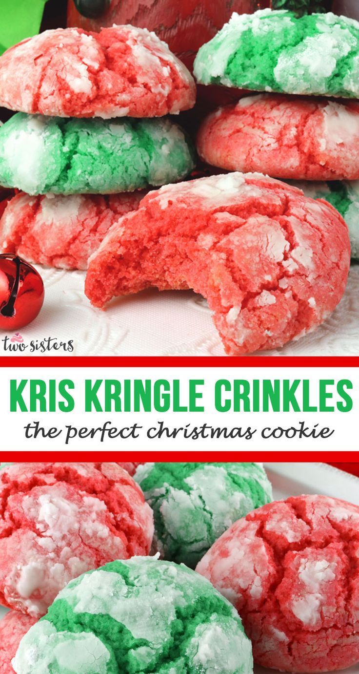 red, white and green cookies are stacked on top of each other with the words kris kringe crinkles over them