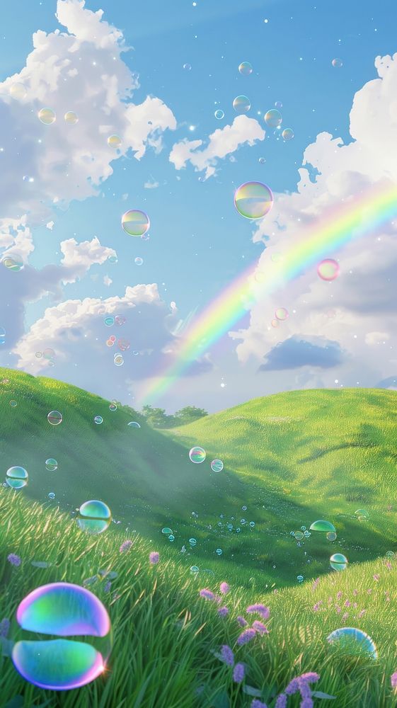 a rainbow in the sky over a green field with flowers and bubbles floating on it