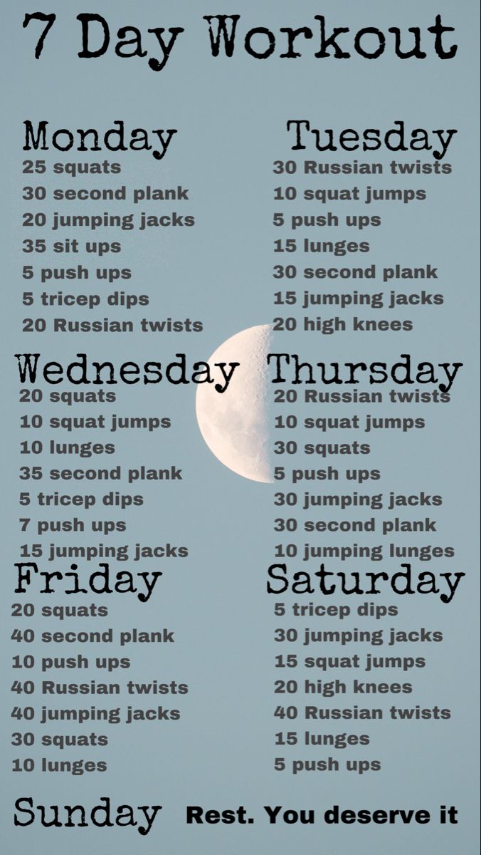 the 7 day workout plan is shown in black and white, with an image of the moon