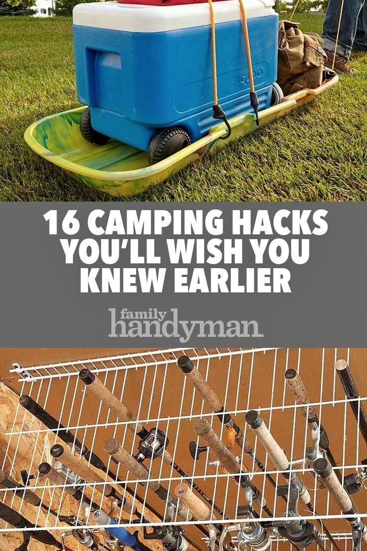 a bunch of different types of camping hacks on the grass with text overlay that reads, 16 camping hacks you'll wish you knew earlier