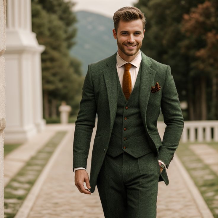 Mens Green Tweed Suit, Groomsmen Attire Autumn Wedding, Green Tweed Suit Wedding, Wool Suits Men, Forest Wedding Suit, Green Suits Wedding, Green Groomsmen Attire, Vintage Groomsmen Attire, Green And Brown Wedding