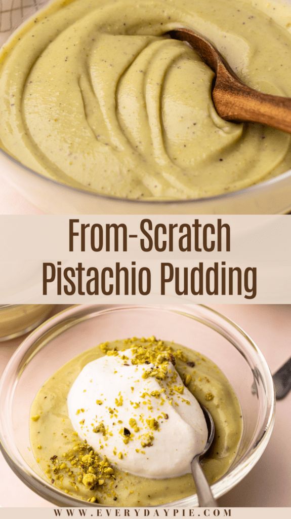 a bowl filled with creamy cream and topped with pistachio pudding next to a wooden spoon