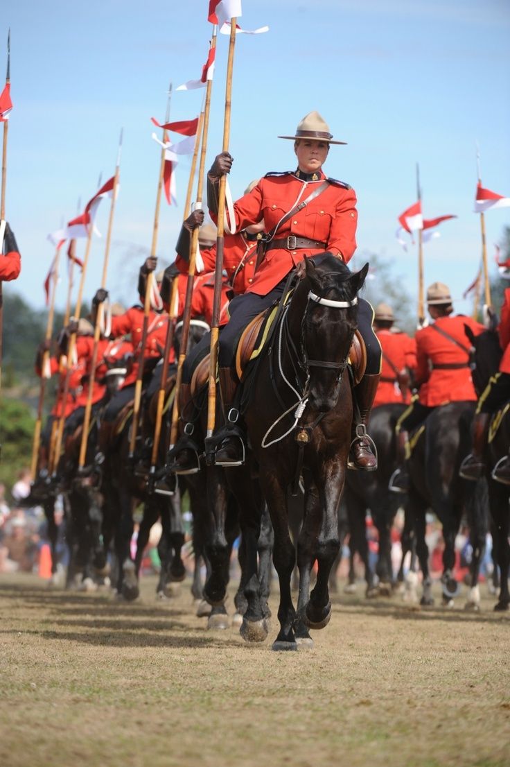 a group of men in red uniforms riding horses with flags on their backs and holding poles