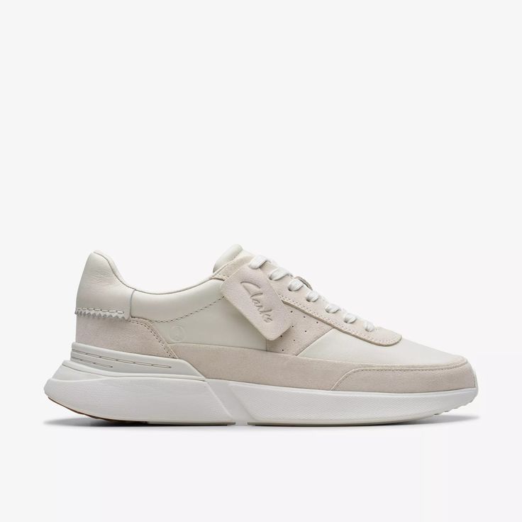 Mens Craft Pace White Leather Shoes | Clarks US Modern Leather Lace-up Running Shoes, Cream Leather Sneakers With Translucent Outsole, White Leather Running Shoes With Textured Sole, Modern Running Shoes With Rubber Sole, Modern White Walking Shoes With Textured Sole, Spring Suede Sneakers With Translucent Outsole, Cream Leather Running Shoes For Streetwear, Cream Sneakers With Cushioned Footbed For Everyday, Modern White Leather Running Shoes