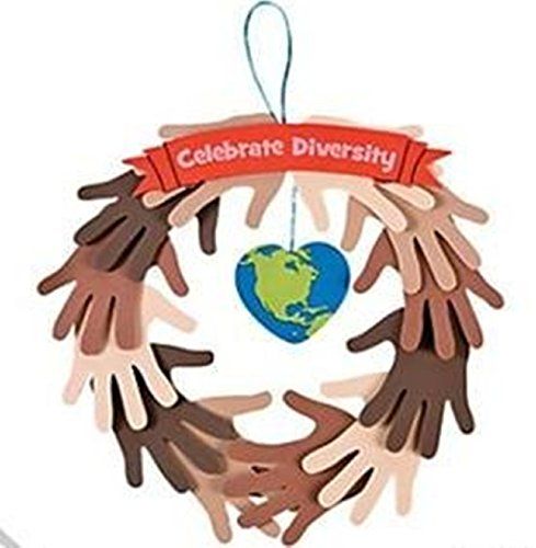 an ornament with hands holding a globe in the shape of a heart that says celebrate diversity