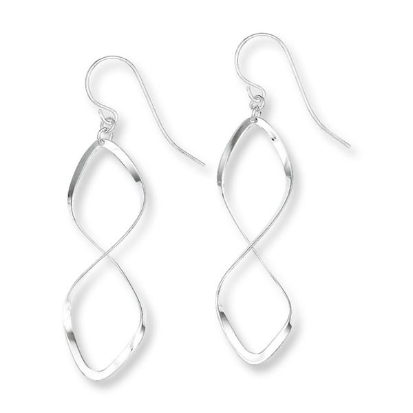 Ribbons of sterling silver form a beautiful twist design in these fashion earrings for her. The earrings are secured with fishhook backs. Elegant Hypoallergenic Infinity Earrings, Modern Twist Silver Teardrop Jewelry, Elegant Silver Dangle Wrap Earrings, Elegant Silver Spiral Jewelry, Nickel-free Modern Twist Dangle Earrings, Modern Twist Nickel-free Dangle Earrings, Nickel-free Dangle Earrings With A Modern Twist, Spiral Earrings For Formal Occasions, Elegant Spiral Wrap Earrings