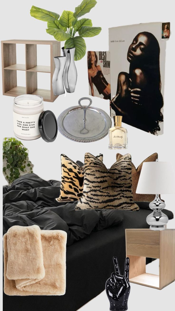 a collage of black and white items including a bed, pillows, vases and pictures