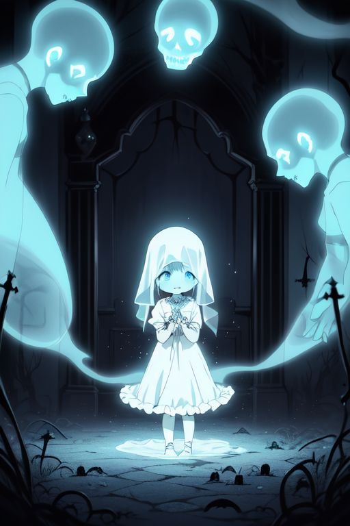 a girl standing in the middle of a room surrounded by skulls and glowing blue lights