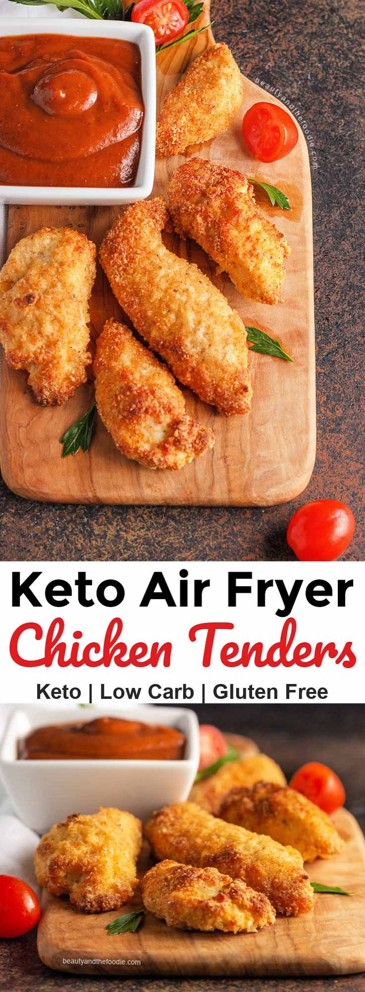 keto air fryer chicken tenders on a cutting board with sauce and tomatoes