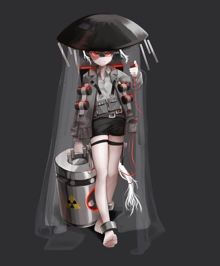 a woman in short shorts and an umbrella is standing next to a barrel with wires on it