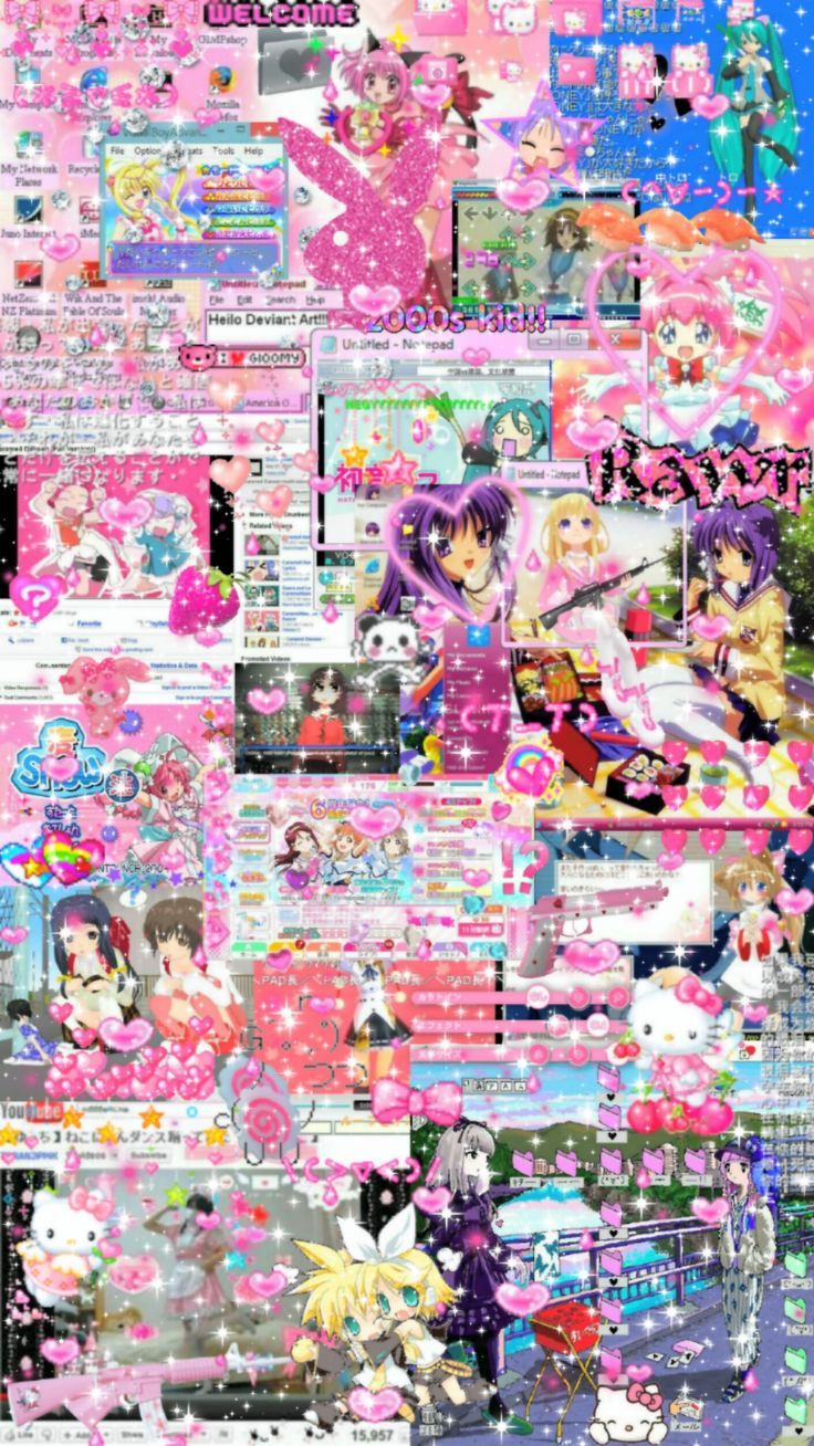 a collage of anime characters in pink and blue