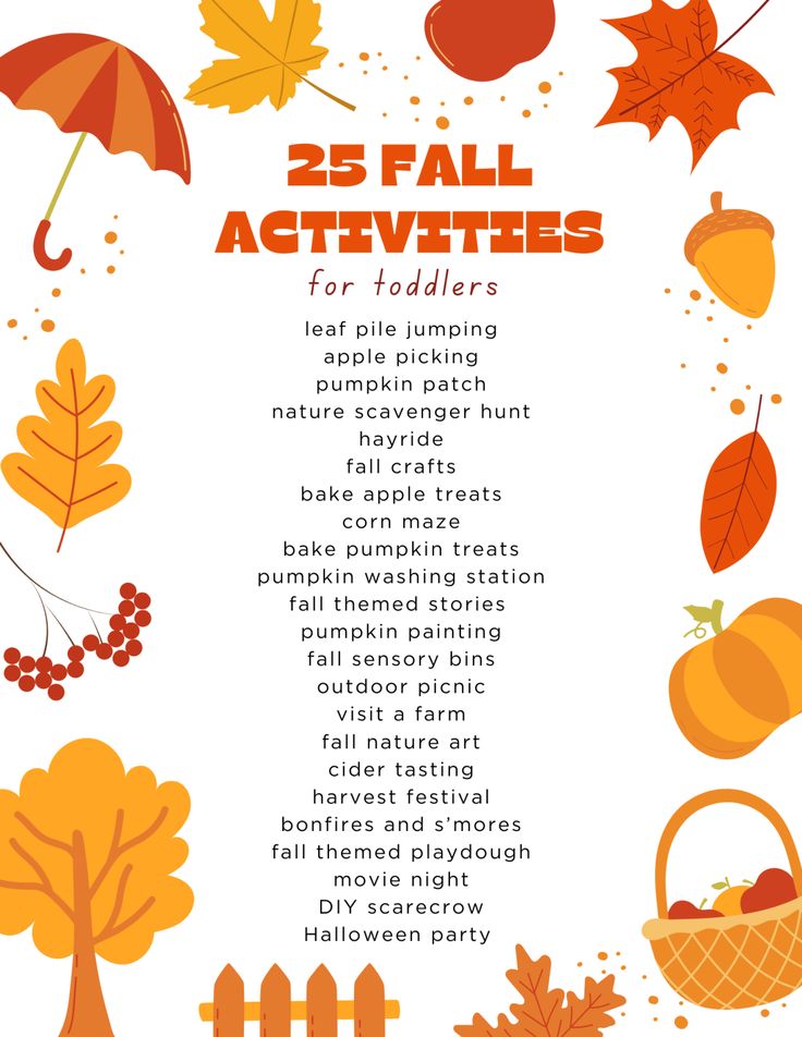 the 25 fall activities for toddlers are shown in orange and yellow colors, including an umbrella