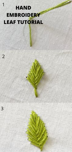 three pictures showing how to sew the ends of two different needles, one green and one red