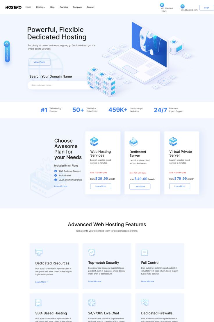 the landing page for web hosting features