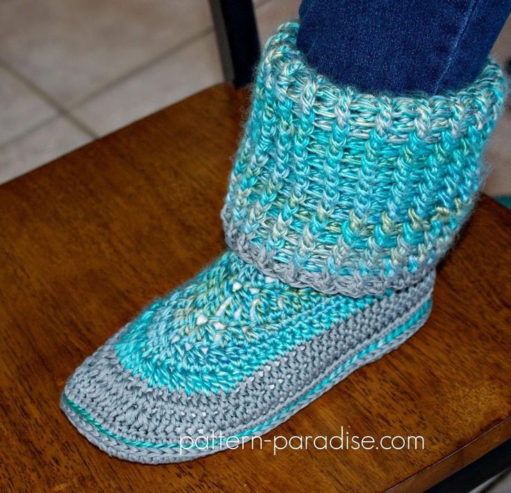 I designed these slippers for my husband one night when he was complaining that his feet were cold. He wanted something that was a cross between a slipper and a sock. He loved them so much I've made him two more pairs and all the other boys in the family requested them too! Then one day my daughter asked for them in a full height boot with pompoms!These slippers are thick and warm and very comfortable!The pattern includes sizing for Men/Women Small, Medium and Large Instructions are ... Easy Crochet Socks, Crochet Boots Pattern, Feet Slippers, Crochet Slipper Boots, Boots Pattern, Crochet Slipper, Crochet Socks Pattern, Crochet Slippers Free Pattern, Crochet Slipper Pattern