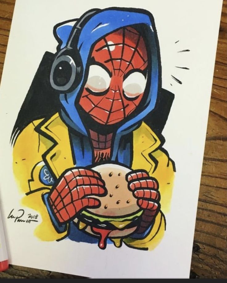 a drawing of a spider - man holding a hamburger in his hands and wearing headphones