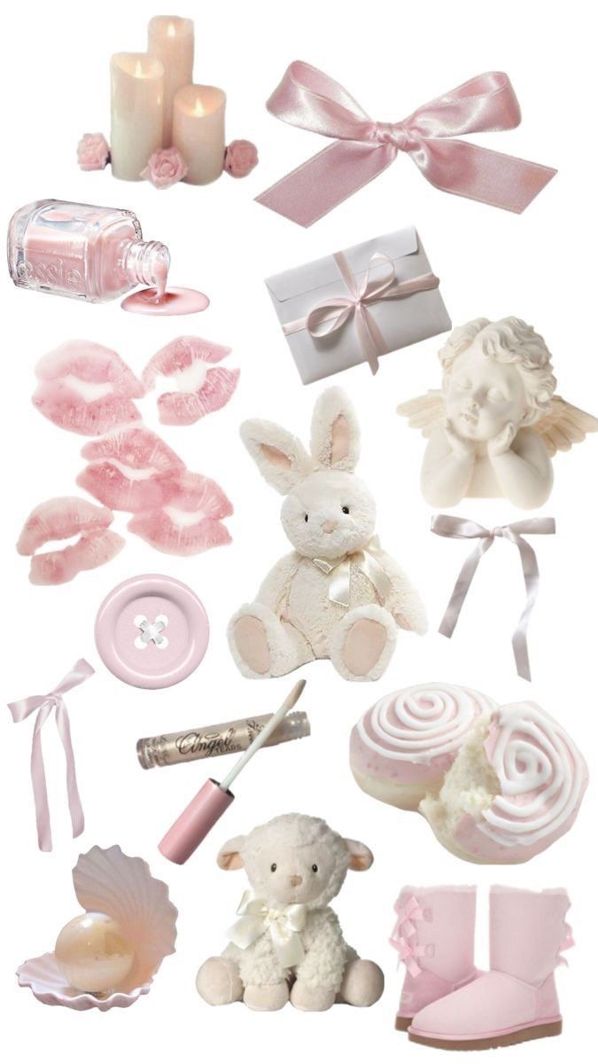 a collection of pink and white items including candles, teddy bear, baby booties, diaper