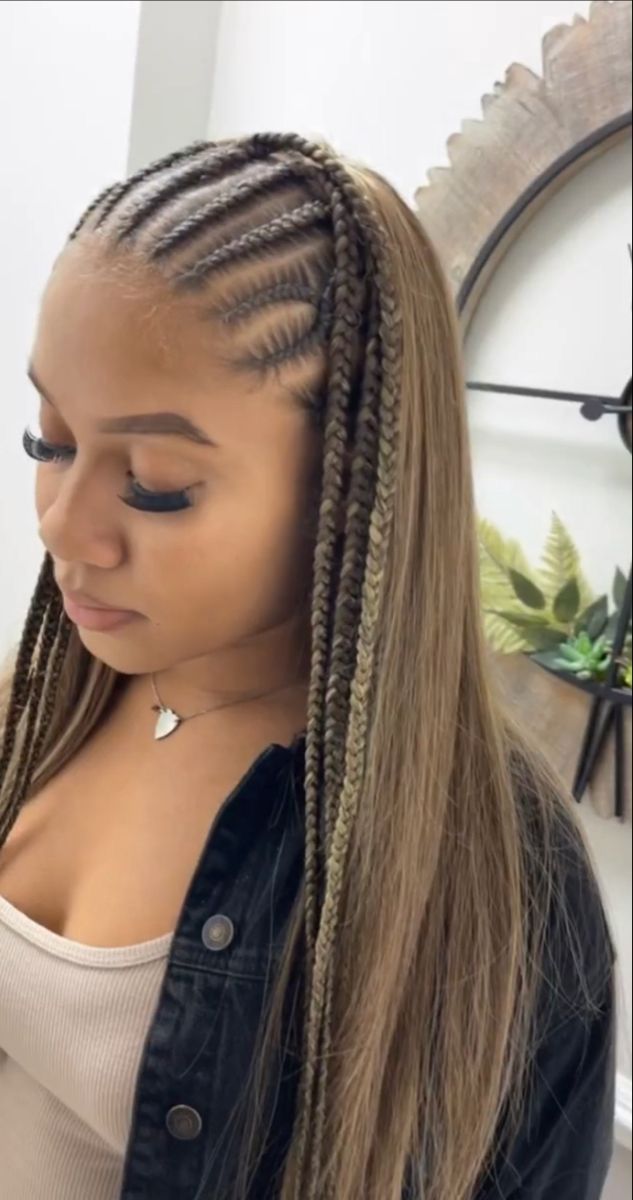 Cornrows Half Up Half Down Natural Hair, Half Cornrows Half Straight Weave, Stitch Braids Half Up Half Down, Braids And Sew In, Half Feed In Braids Half Sew In Straight, Half Stitch Braids Half Sew In, Half Sew In Half Braids, Braids With Straight Hair, Half Head Braids