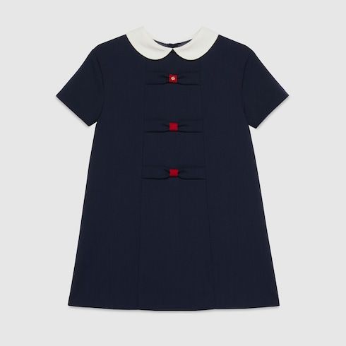 Shop the Children's wool dress with bows in blue at GUCCI.COM. Enjoy Free Shipping and Complimentary Gift Wrapping. Luxury Baby Clothes, Gucci Dresses, Girls Designer Dresses, Gucci Kids, Bow Dress, Childrens Dress, Chanel Fashion, Wool Dress, Cotton Lace