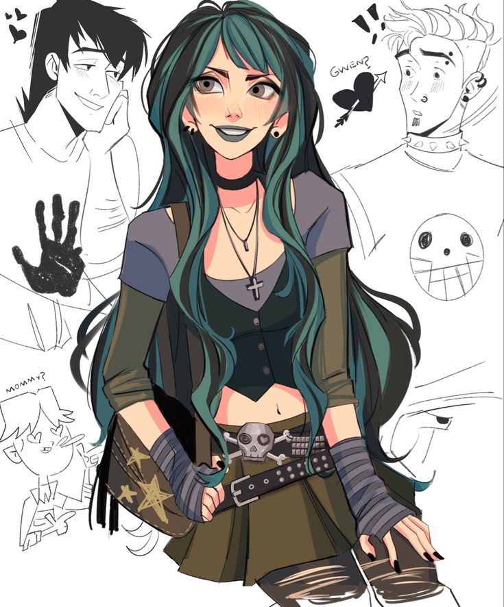 a drawing of a girl with long green hair and tattoos on her chest, standing in front of other people