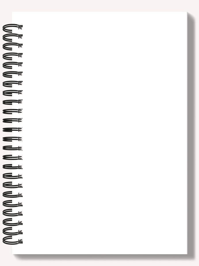 a white spiral notebook with black writing on the front and bottom pages, open to reveal an empty page