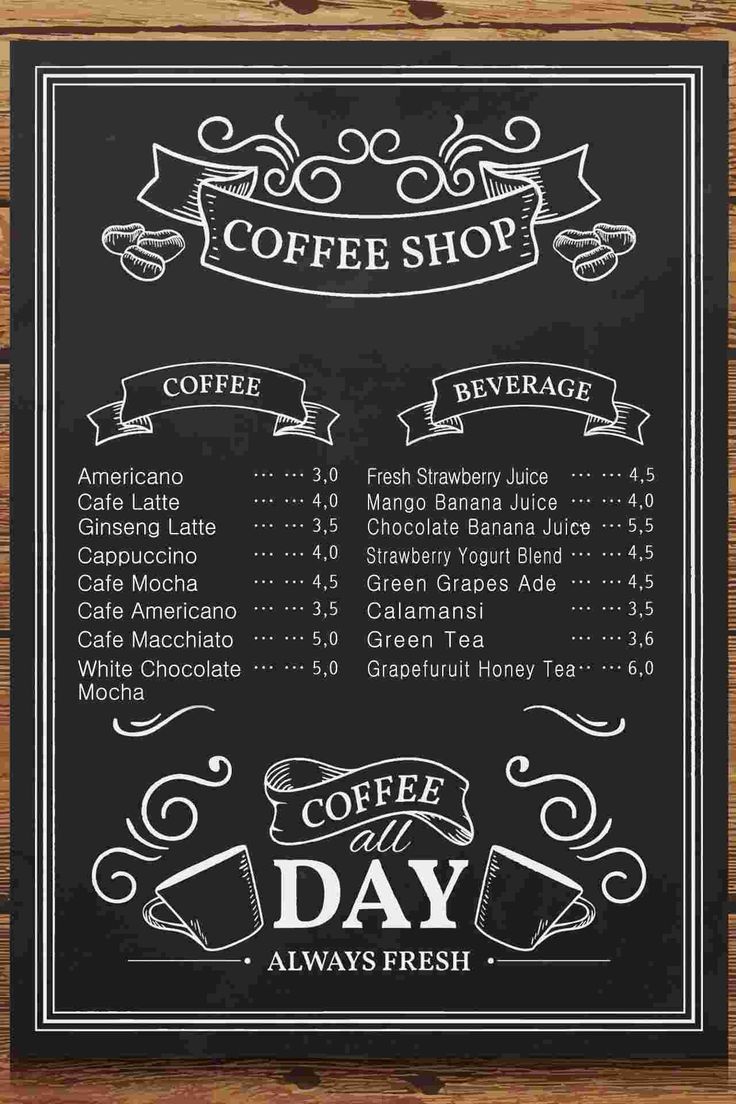 the coffee shop menu is shown on a blackboard with white lettering and an ornate frame